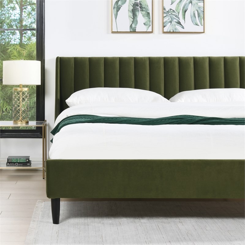 Olive Green Vertical Tufted Headboard King Bed