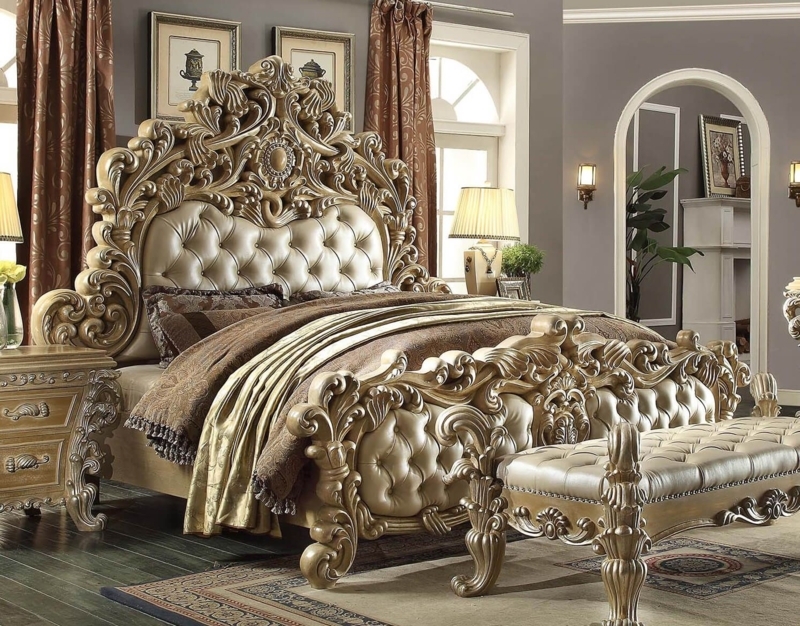 Opulent Carved Royal Kingdom Bed with Upholstery