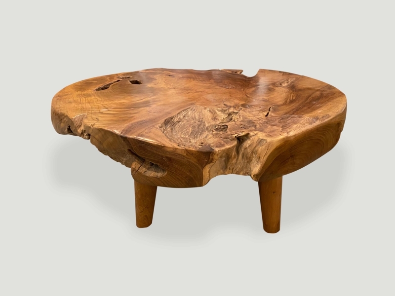 Organic Teak Wood Round Coffee Table with Mid Century Legs