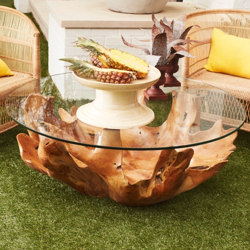 Organic Wood Base Glass Coffee Table Design