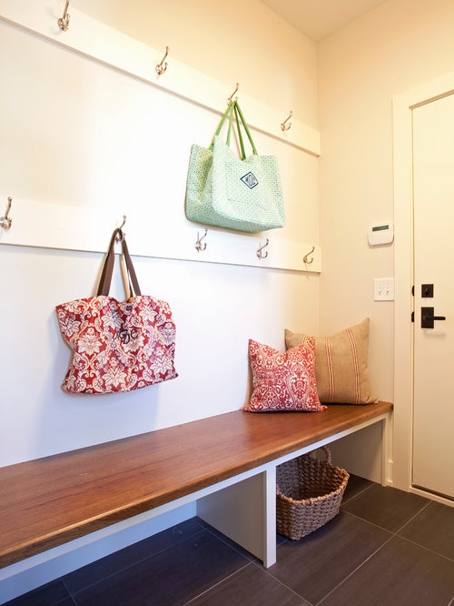Organized Mudroom with Hooks and Wooden Bench