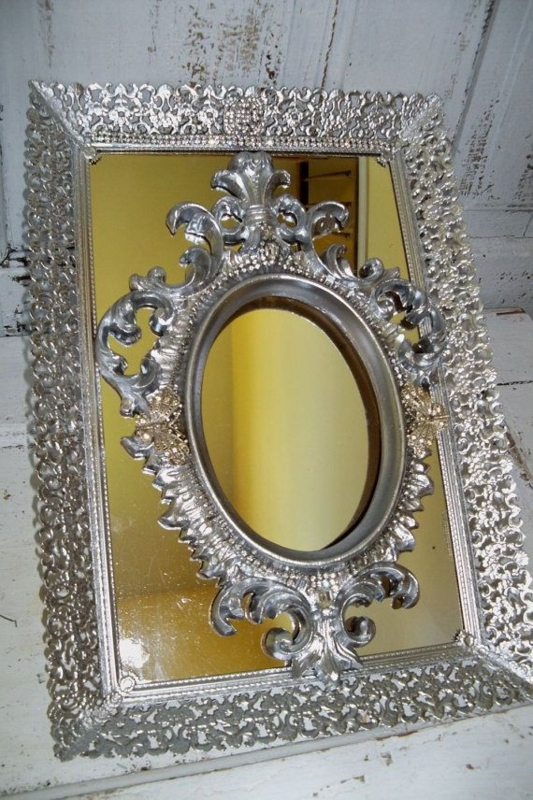 Ornate Silver Rhinestone French Provincial Mirror