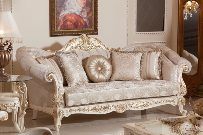 Ornate White and Gold Vintage Living Room Sofa