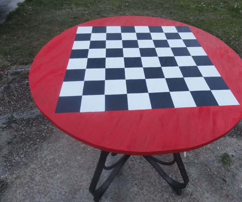 Outdoor Red Chess and Checkers Game Table