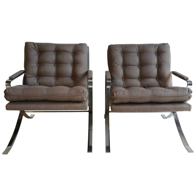 Pair of 1970s Chrome Lounge Chairs with Cushions