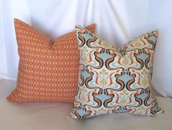 PAIR of Burnt Orange and Cream Decorative Throw Pillow Covers Geometric ...