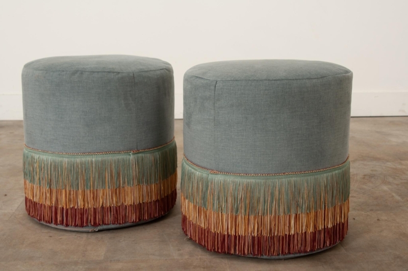 Pair of Custom Fringe Ottomans with Velvet Upholstery