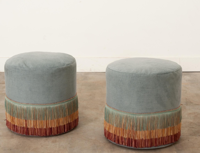 Pair of Custom Velvet Fringe Ottomans