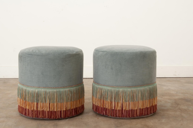 Pair of Custom Velvet Fringe Ottomans