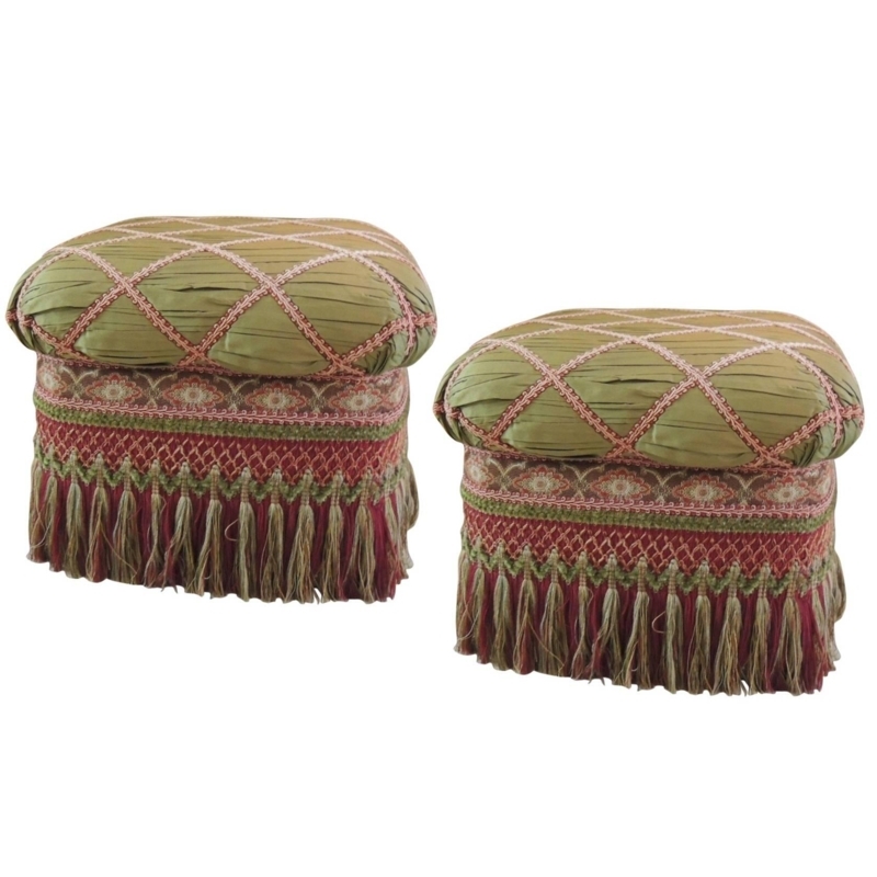 Pair of Vintage Green Fringe Ottomans with Tassels