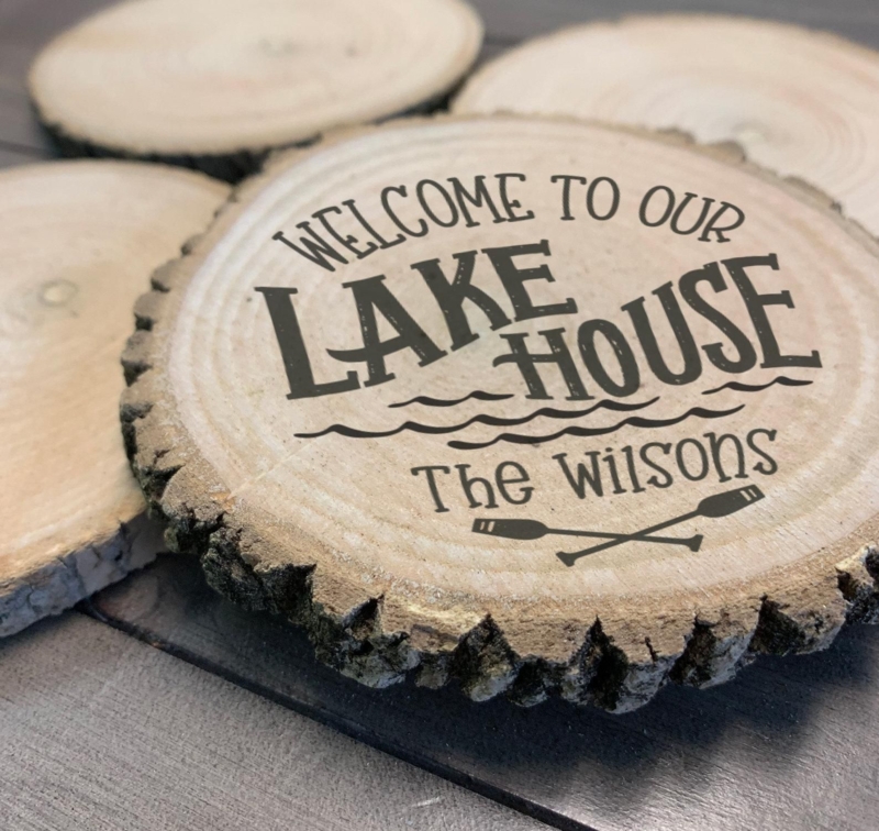 Personalized Rustic Lake House Wooden Coasters