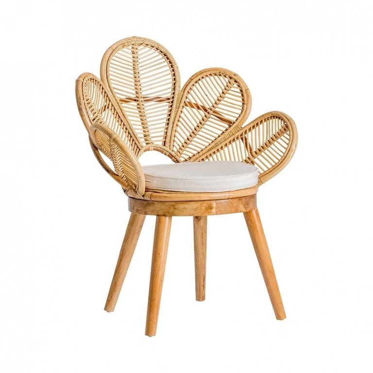 Rattan Flower-Shaped Wooden Chair with Cushion