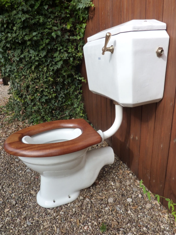 Restored Art Deco Toilet with Wooden Seat and High Cistern