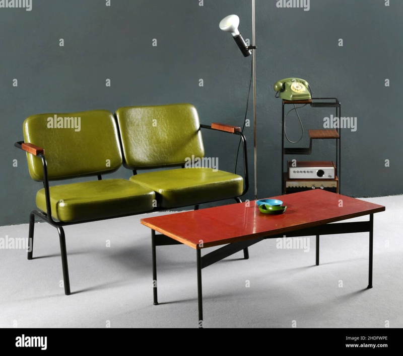 Retro Seventies Green Sofa and Red Coffee Table