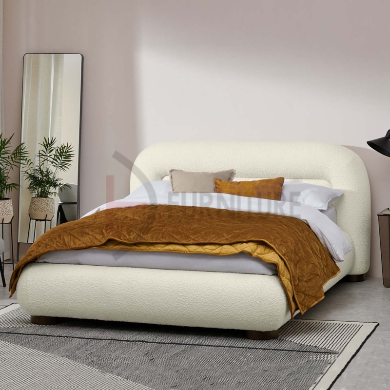 Round Boucle Fabric Headboard Bed for Cozy Bedrooms