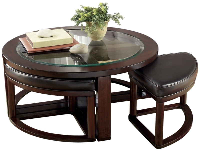 Round Glass Coffee Table with Nesting Leather Stools