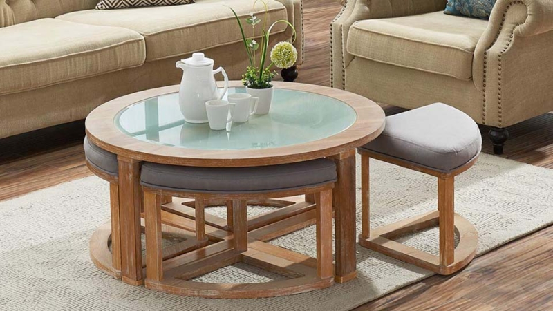 Round Wooden Coffee Table with Glass Top and Nesting Stools
