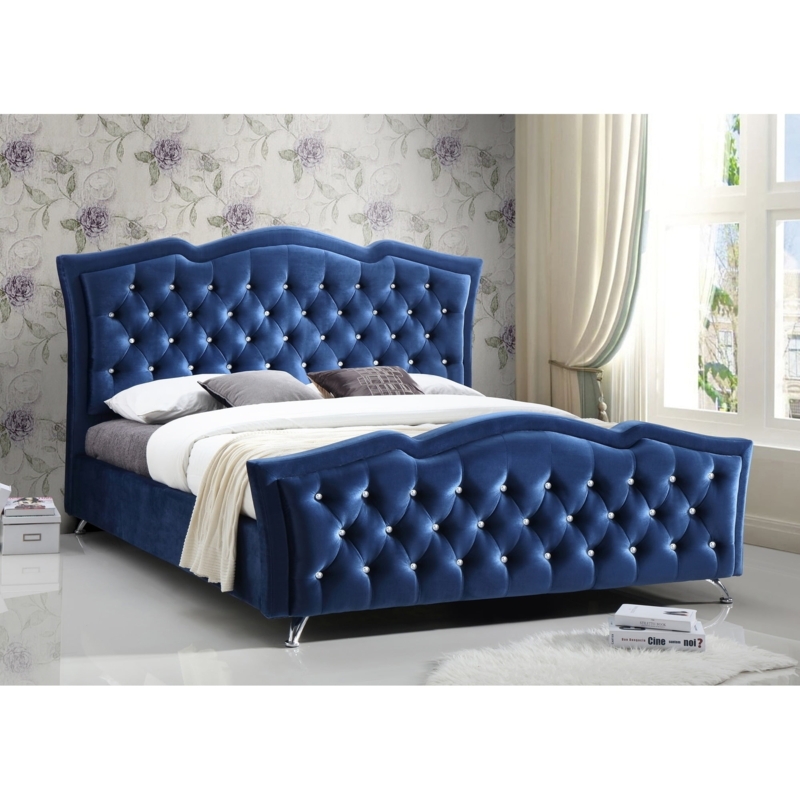 Royal Blue Velvet Tufted Bed with Elegant Headboard