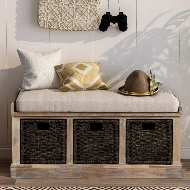 Rustic Bathroom Storage Bench with Cushioned Seat