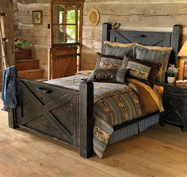 Rustic Black Barnwood Bed in Mountain Lodge Bedroom