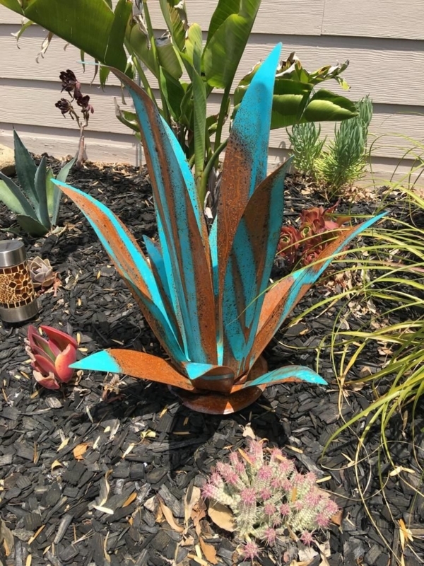Rustic Blue and Orange Metal Agave Garden Sculpture