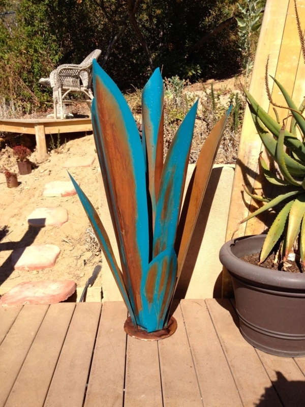 Rustic Blue Metal Tequila Agave Garden Sculpture