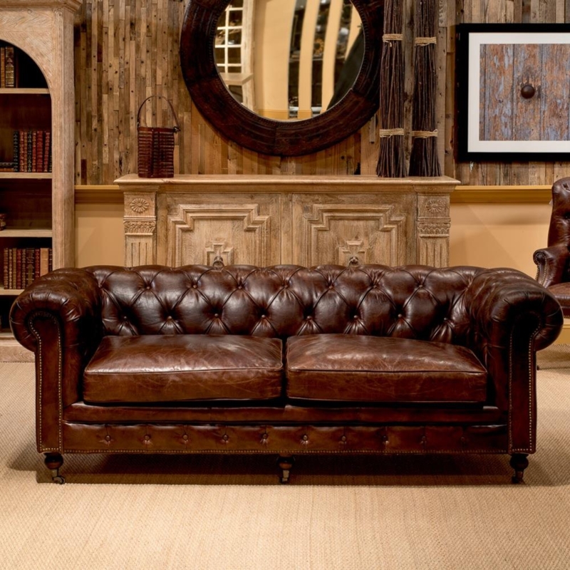 Rustic Brown Leather Nailhead Trim Tufted Sofa