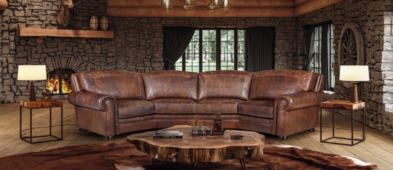 Rustic Brown Leather Sectional Sofa in Cozy Living Room