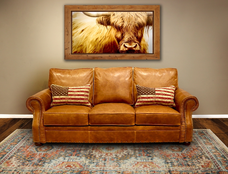 Rustic Brown Leather Sofa with American Flag Pillows