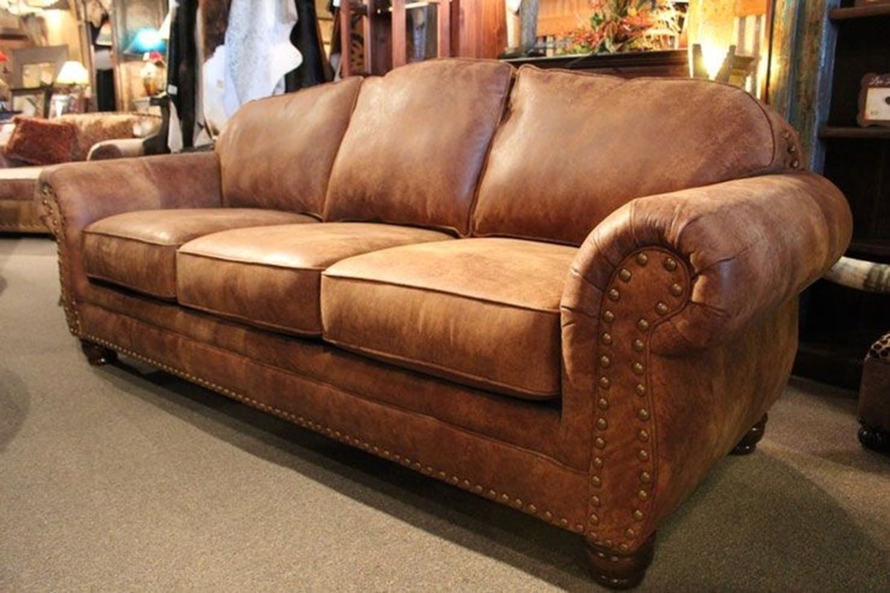Rustic Brown Leather Sofa with Classic Nailhead Trim