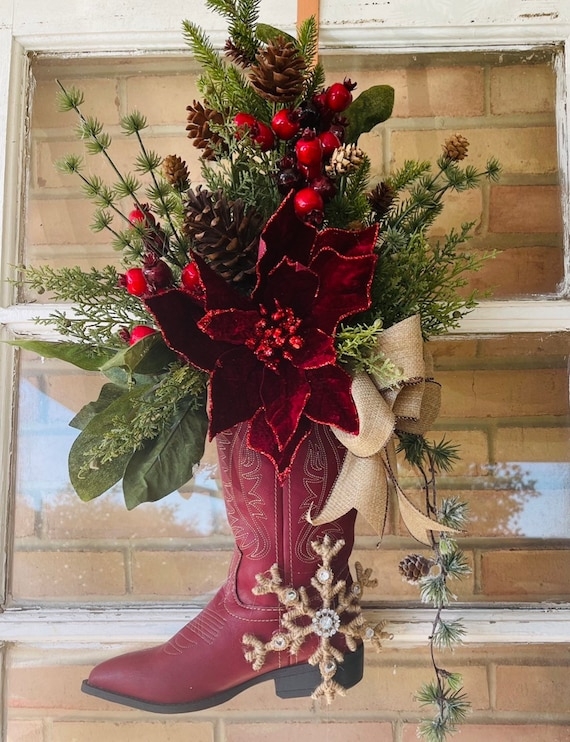 Rustic Cowboy Boot Christmas Floral Arrangement Idea