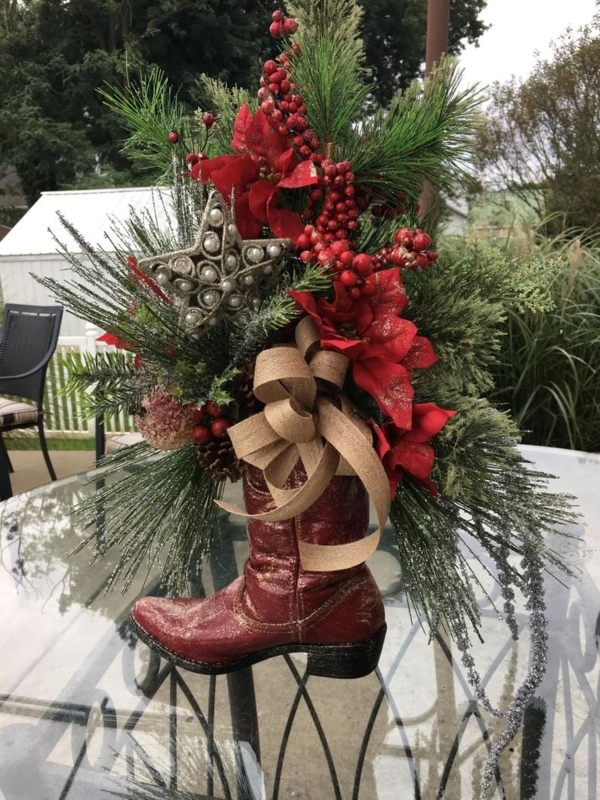 Rustic Cowboy Boot Christmas Floral Arrangement
