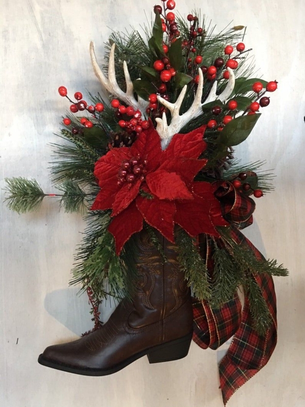 Rustic Cowboy Boot Christmas Wreath with Antlers