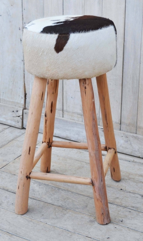 Rustic Cowhide Bar Stool with Wooden Legs