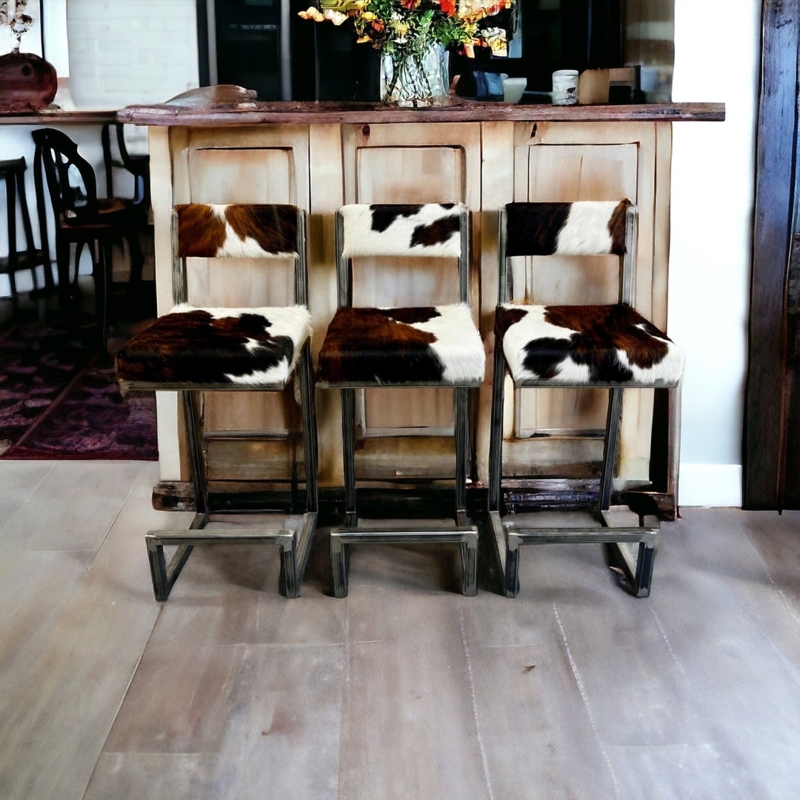 Rustic Cowhide Bar Stools with Backs for Kitchen