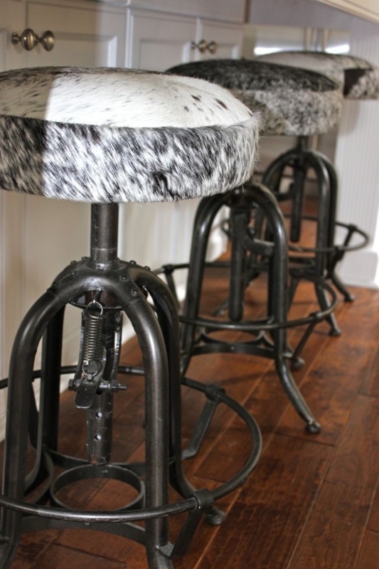Rustic Cowhide Bar Stools with Industrial Metal Base