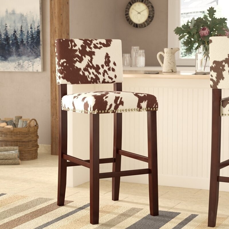 Rustic Cowhide Bar Stools with Wooden Legs