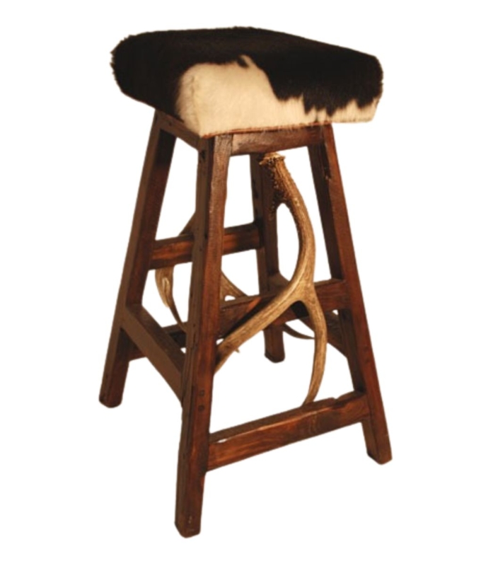 Rustic Cowhide Barstool with Antler Base Design