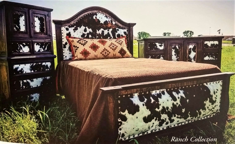 Rustic Cowhide Bed Set with Western Style Furniture