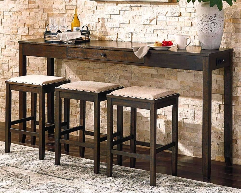 Rustic Dark Wood Console Table with Stools