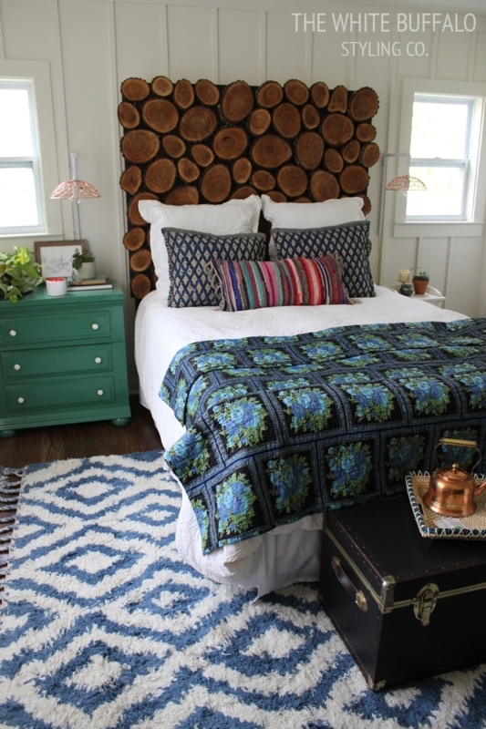 Rustic DIY Wood Slice Round Headboard Bedroom