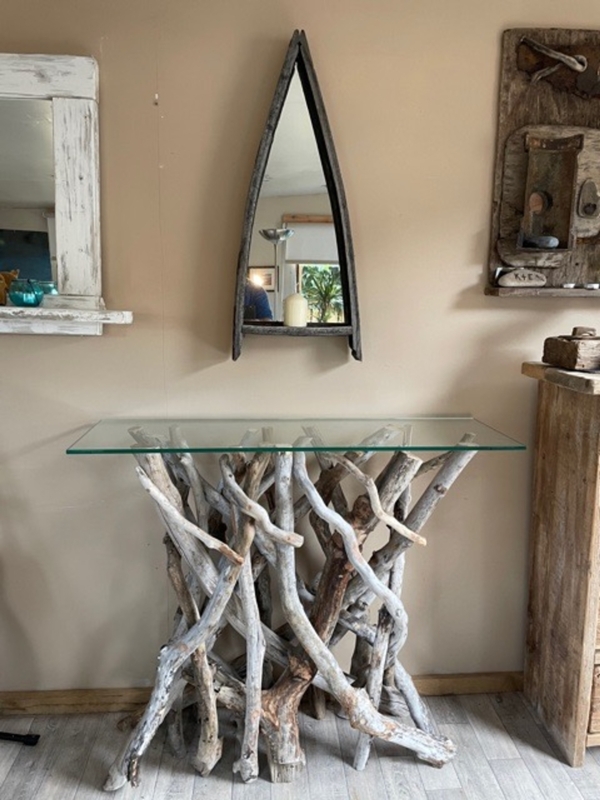Rustic Driftwood Console Table with Glass Top