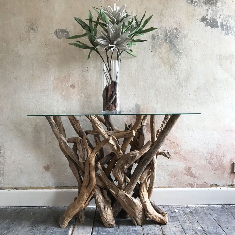 Rustic Driftwood Table with Glass Top