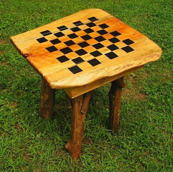 Rustic Handmade Wood Checker Chess Game Table