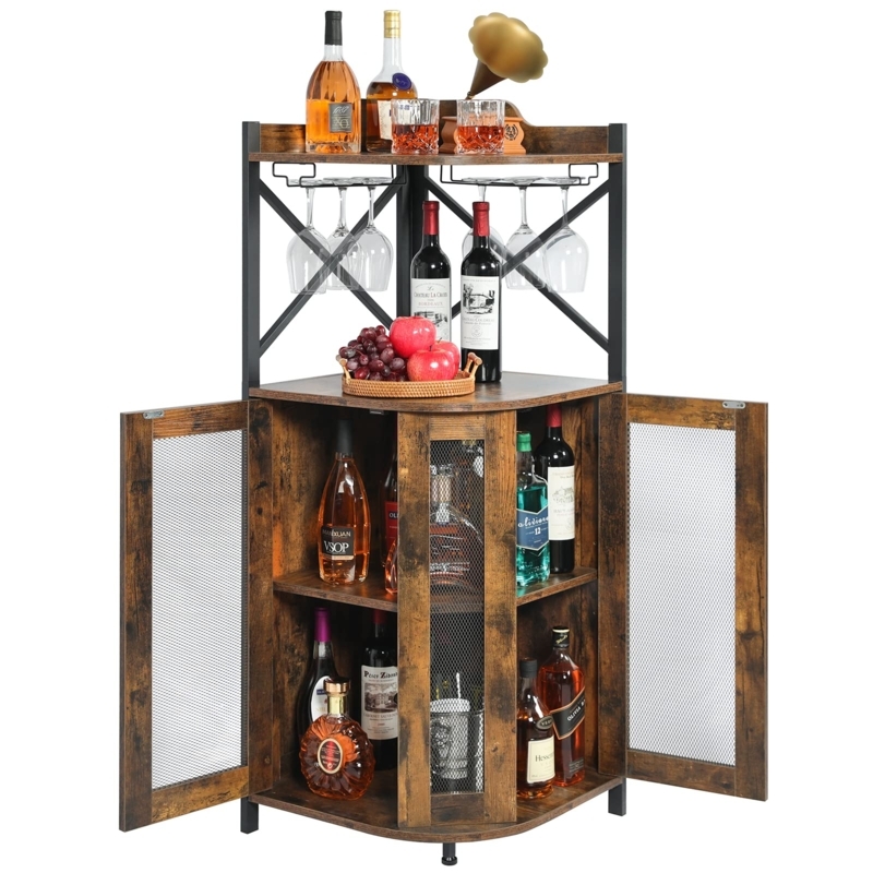 Rustic Industrial Corner Bar Cabinet with Glass Holder