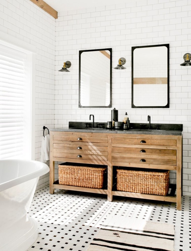 Rustic Industrial Double Vanity Bathroom with Subway Tiles