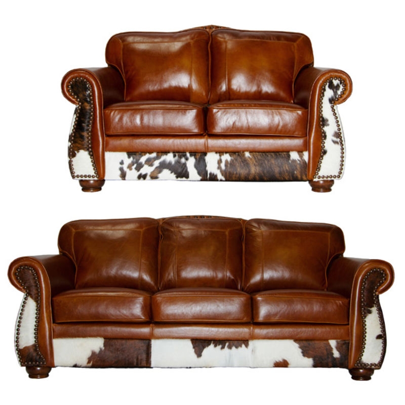 Rustic Leather and Cowhide Sofa Set with Nailhead Trim