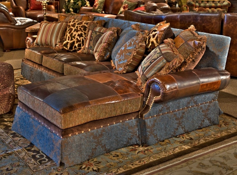 Rustic Leather and Fabric Sectional Sofa with Patterned Pillows