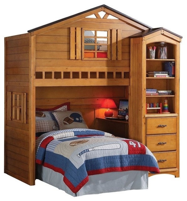 Rustic Oak Tree House Bunk Bed with Desk and Shelves