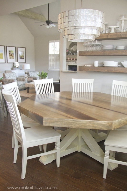 Rustic Octagonal Dining Table with White Chairs